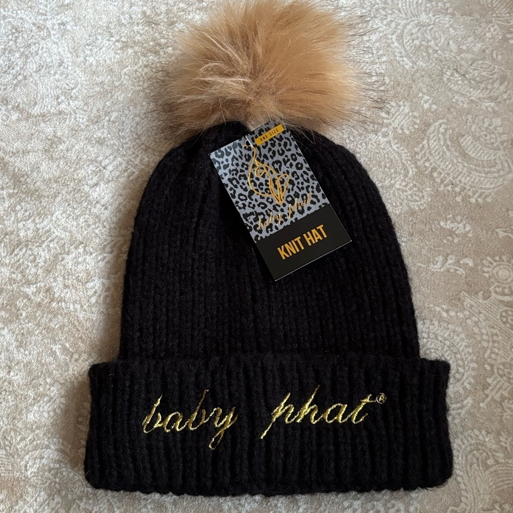 Brand New Baby Phat Black Knit Faux Fur Pom Hat Gold Metallic Embroidery Cuffed